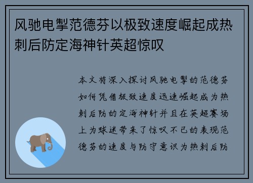 风驰电掣范德芬以极致速度崛起成热刺后防定海神针英超惊叹