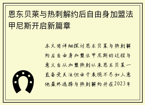 恩东贝莱与热刺解约后自由身加盟法甲尼斯开启新篇章